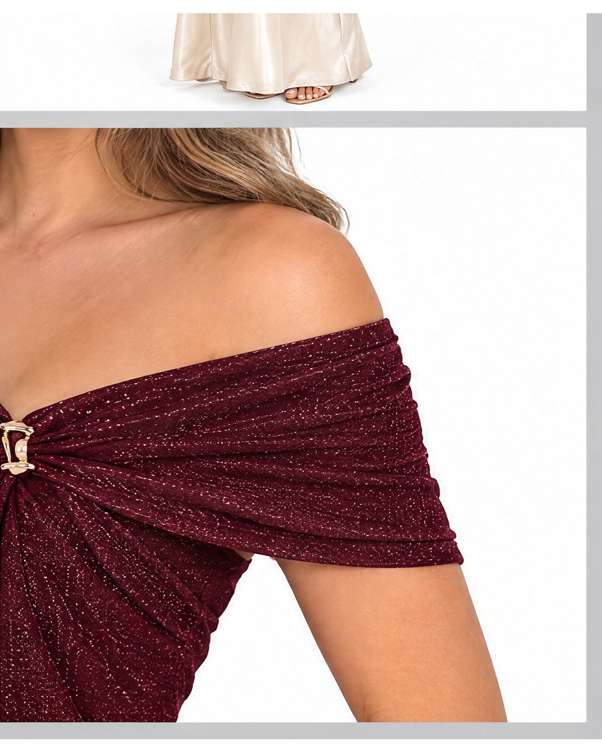 Blusa off-shoulder de brillo con broche