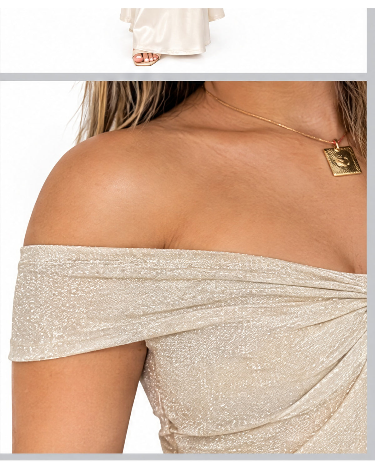 Blusa off-shoulder de brillo con broche