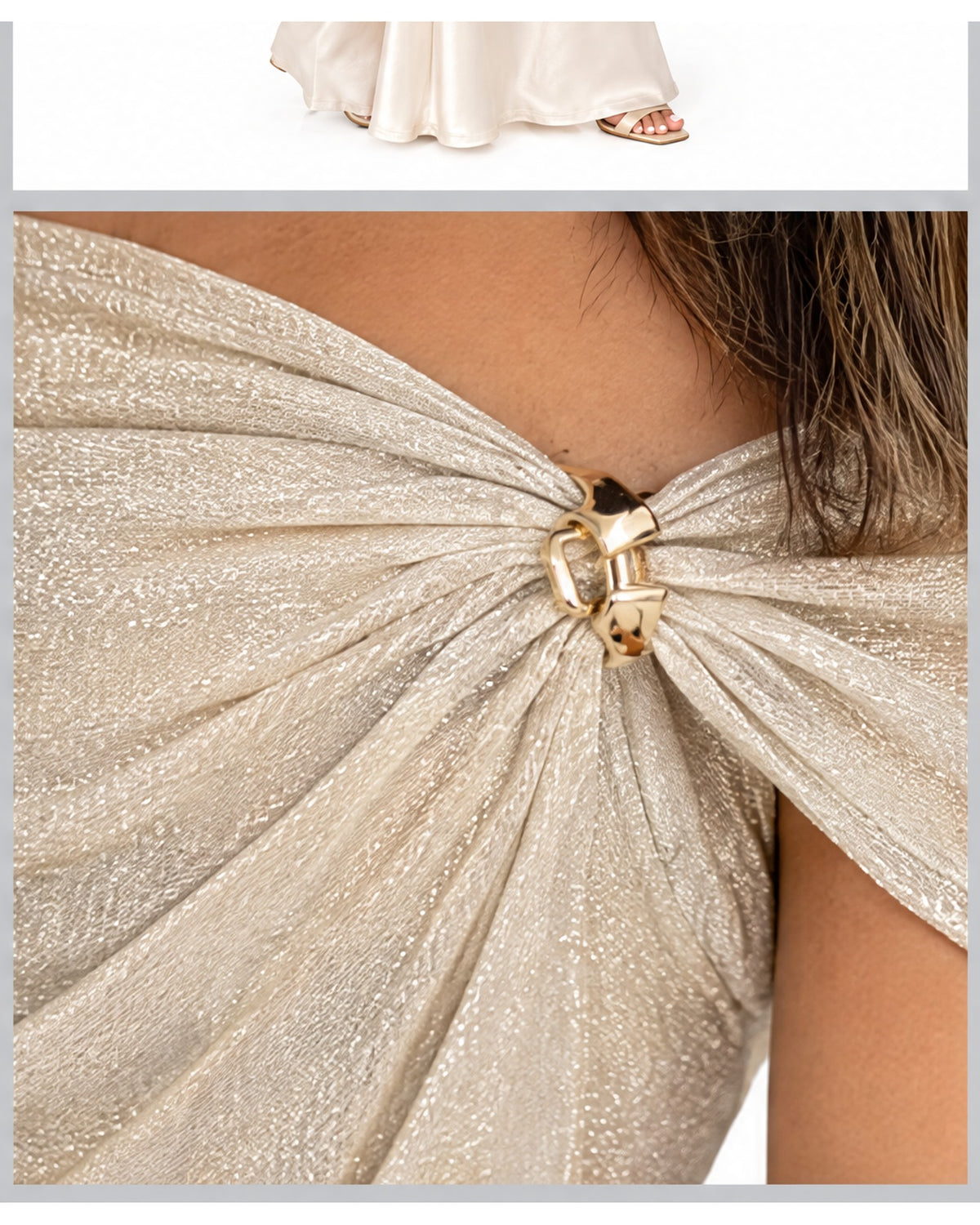 Blusa off-shoulder de brillo con broche