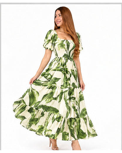 Vestido largo estampado de hojas
