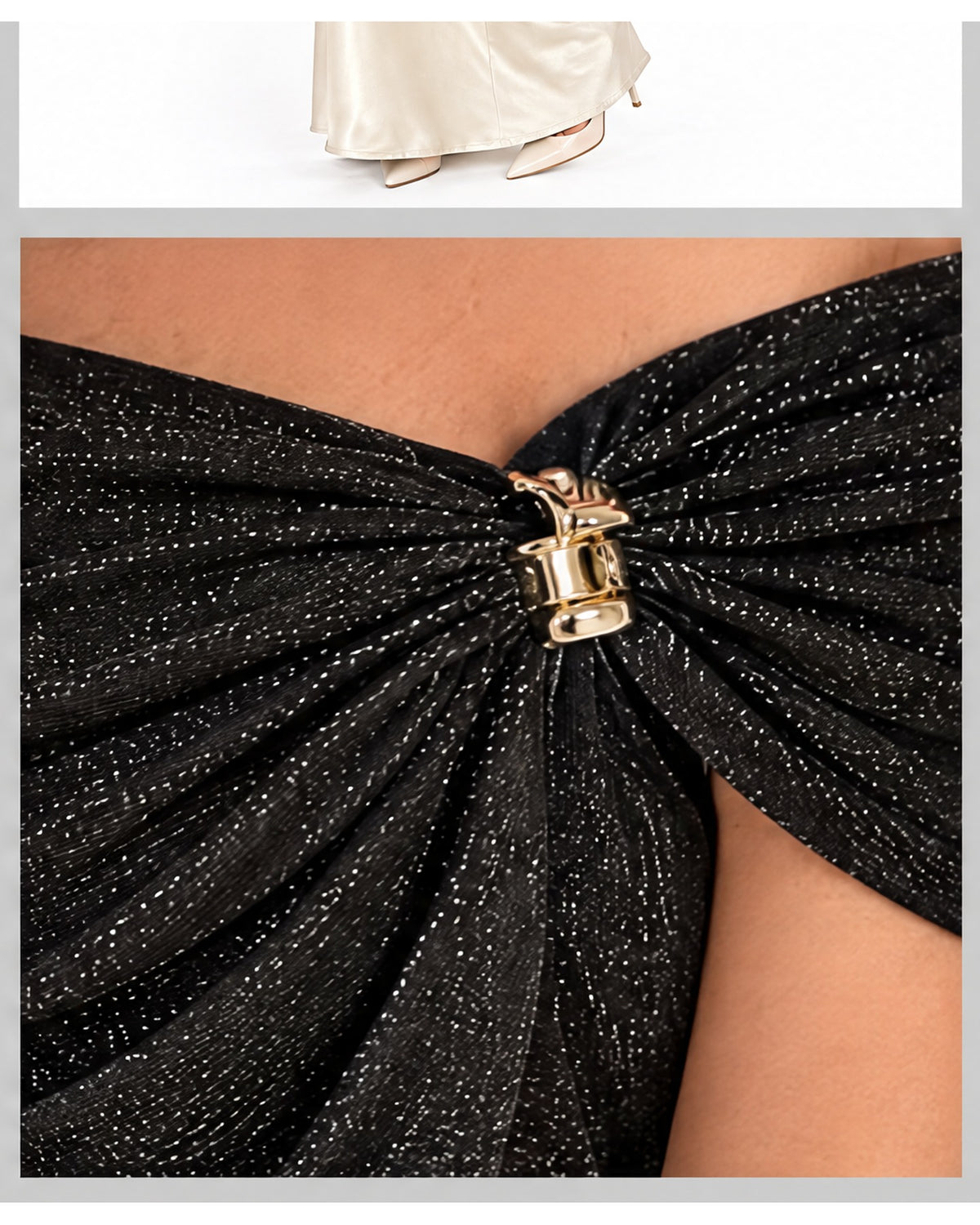 Blusa off-shoulder de brillo con broche