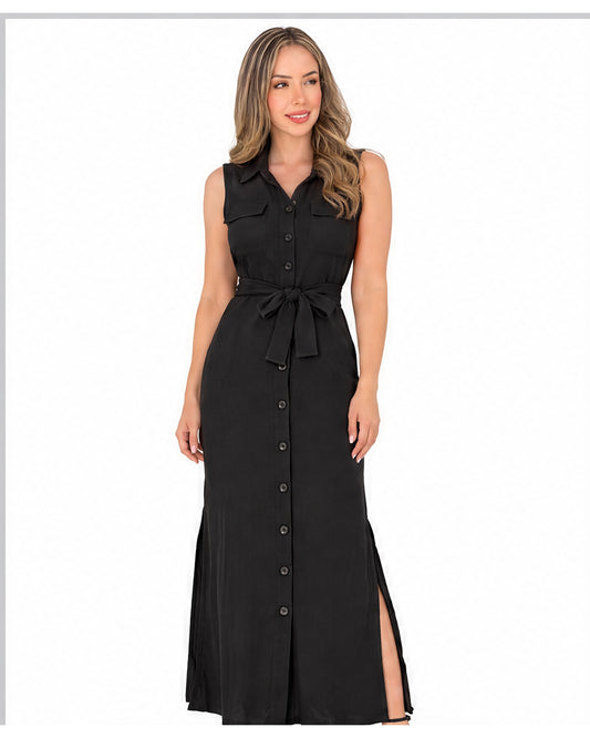 Vestido largo camisero con cinturón