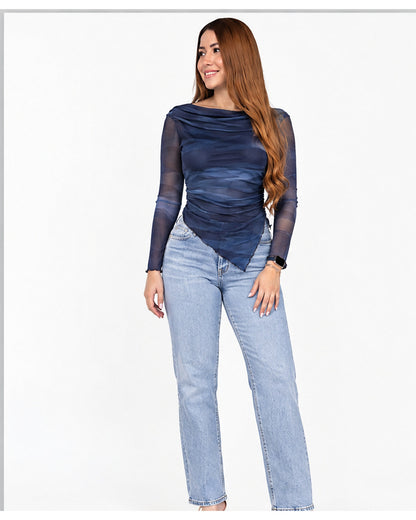 Blusa manga larga estampada de malla
