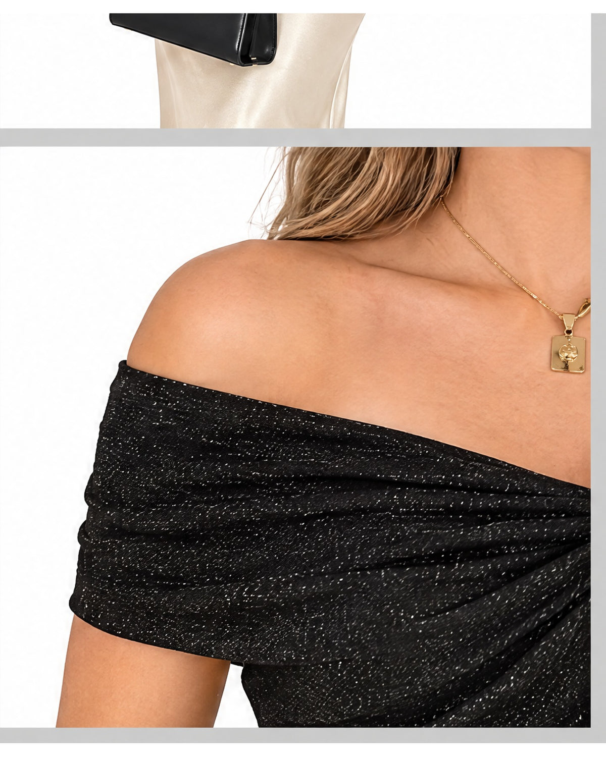 Blusa off-shoulder de brillo con broche