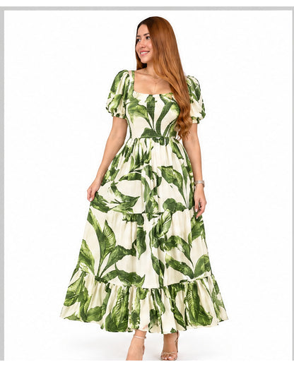 Vestido largo estampado de hojas