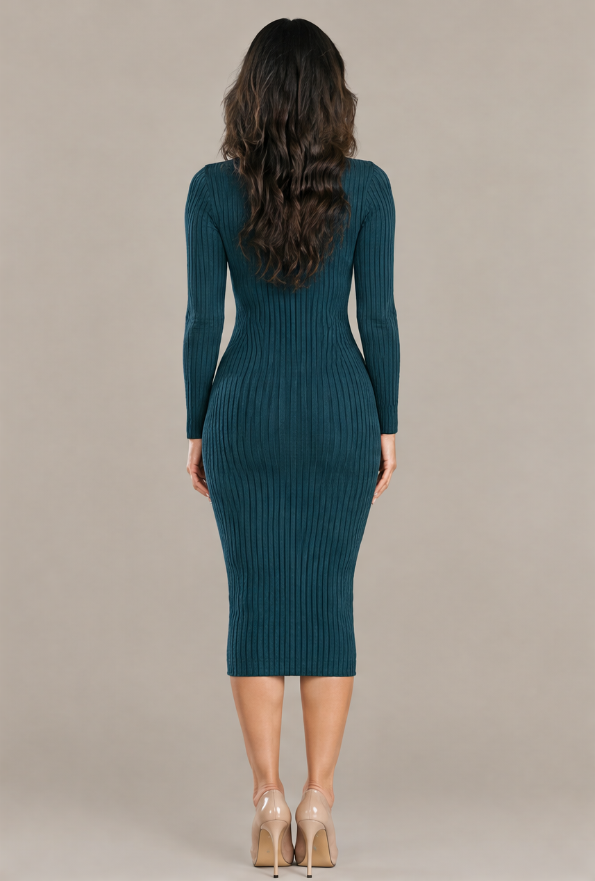 B41843 Vestido tejido cuello alto Verde petróleo 02 - espalda