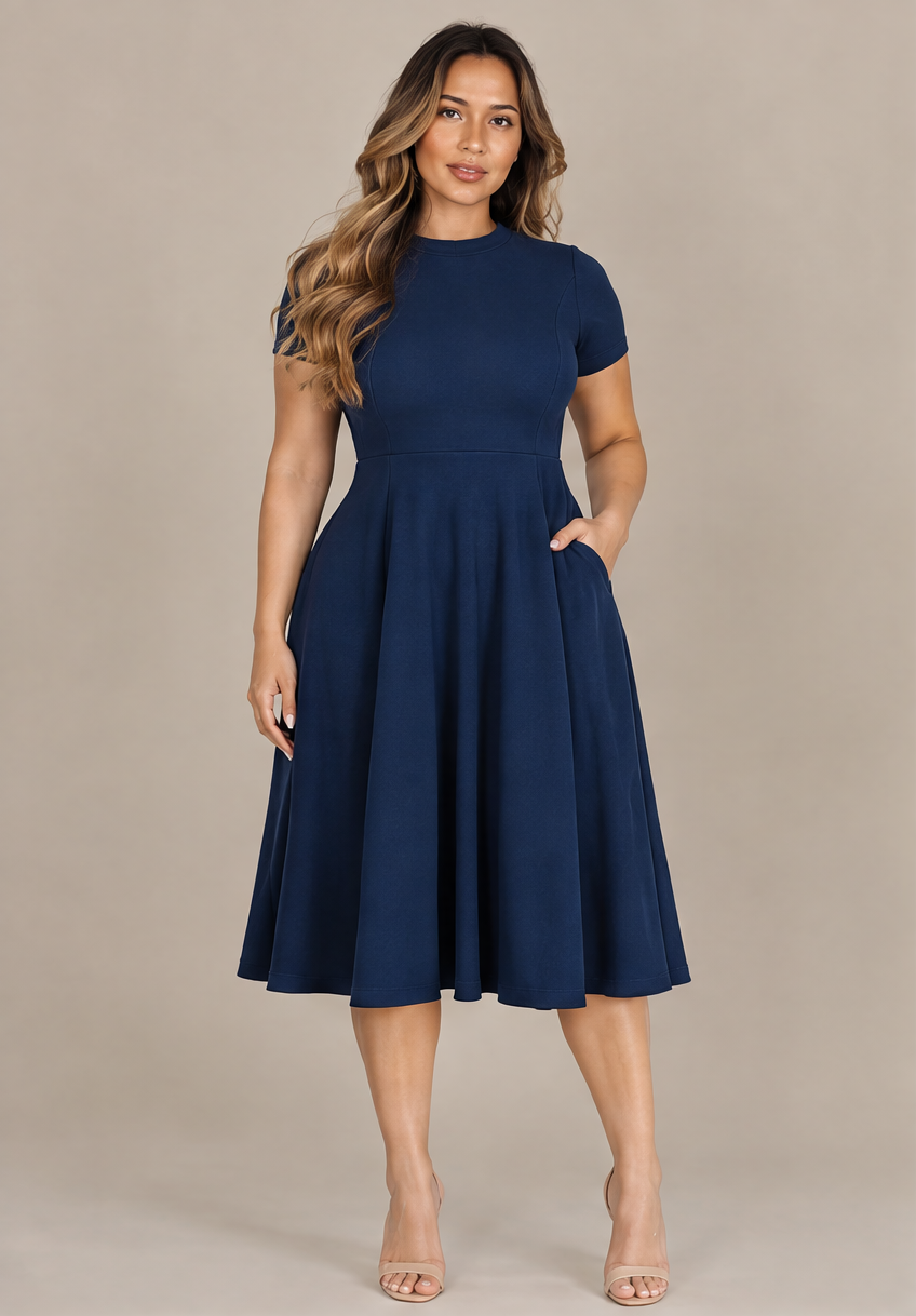 B41910 Vestido midi con vuelo Azul marino 01 - frente