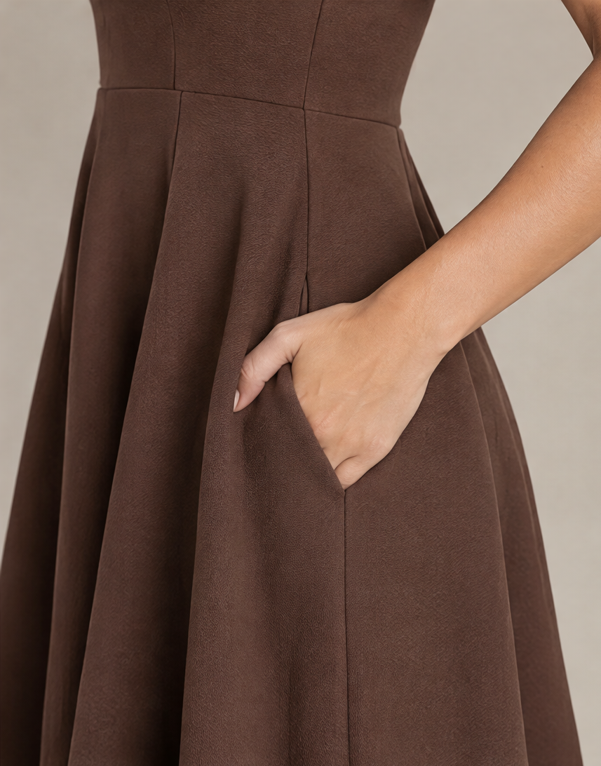 B41910 Vestido midi con vuelo Café 08 - bolsillo