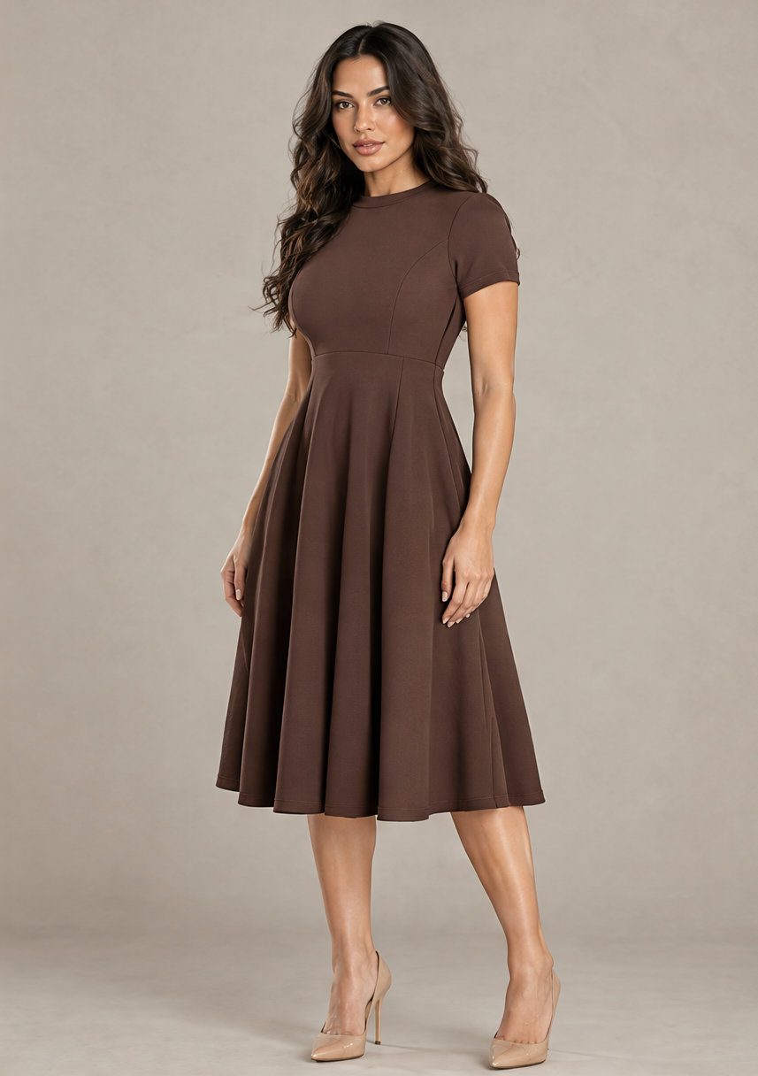 B41910 Vestido midi con vuelo Café 04 - frente 3/4