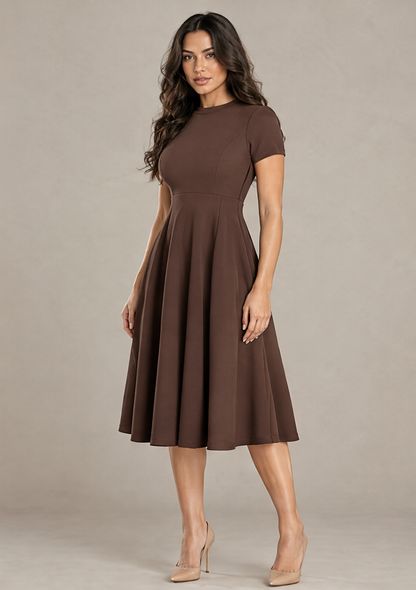 B41910 Vestido midi con vuelo Café 04 - frente 3/4