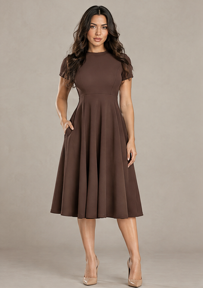B41910 Vestido midi con vuelo Café 01 - frente