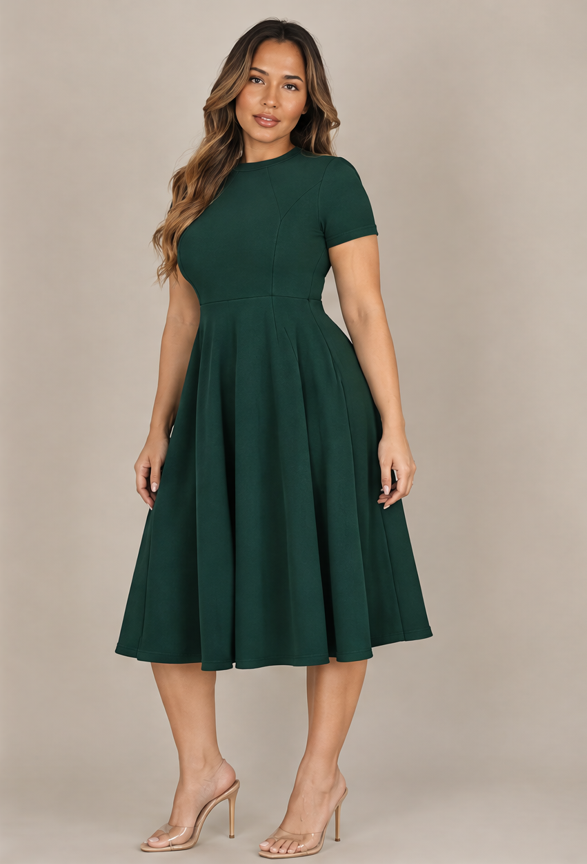 B41910 Vestido midi con vuelo Verde botella 04 - frente 3/4