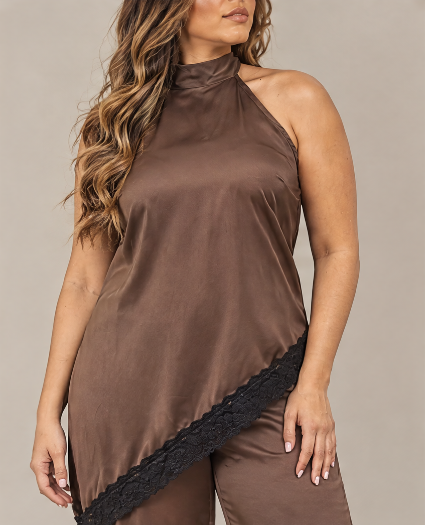 PH4137 Conjunto satinado halter con encaje Café 06 - cómo estiliza