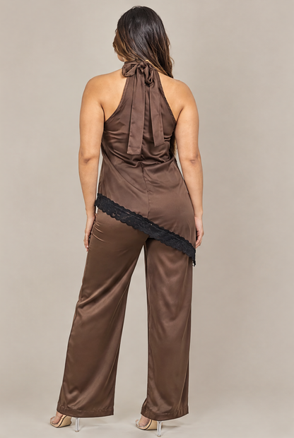 PH4137 Conjunto satinado halter con encaje Café 02 - espalda