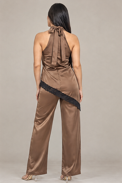 PH4137 Conjunto satinado halter con encaje Camel 02 - espalda
