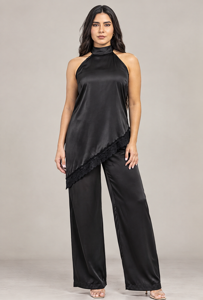PH4137 Conjunto satinado halter con encaje Negro 01 - frente