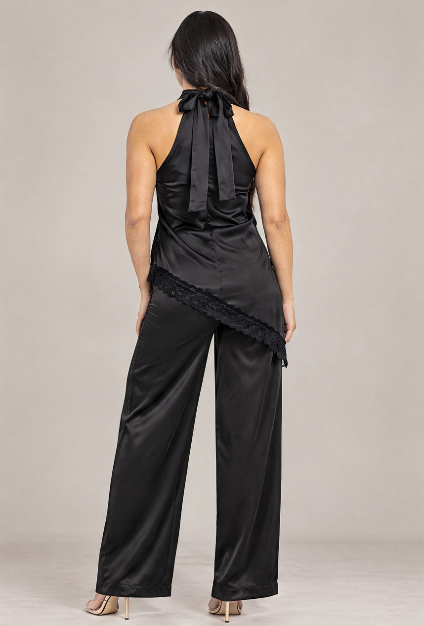 PH4137 Conjunto satinado halter con encaje Negro 02 - espalda