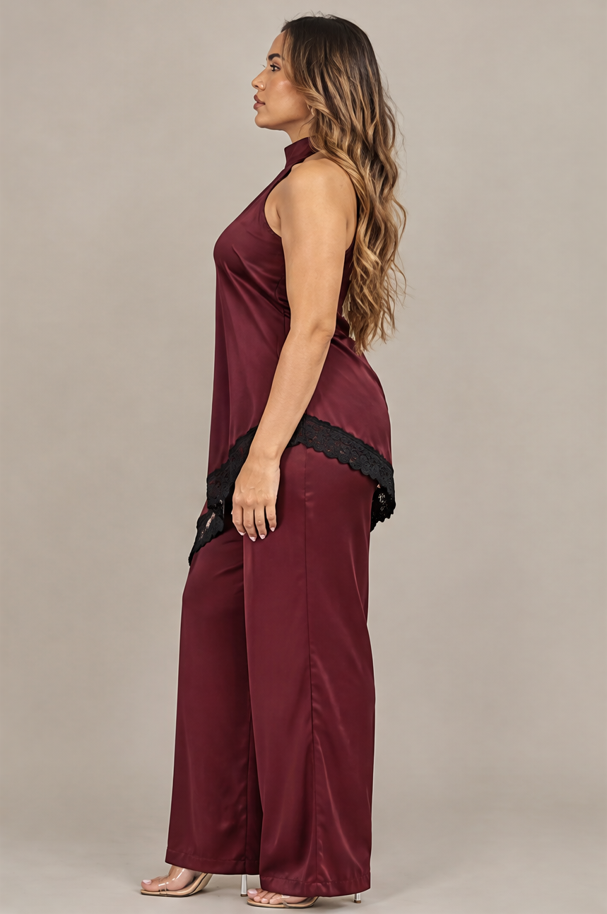 PH4137 Conjunto satinado halter con encaje Vino 03 - perfil