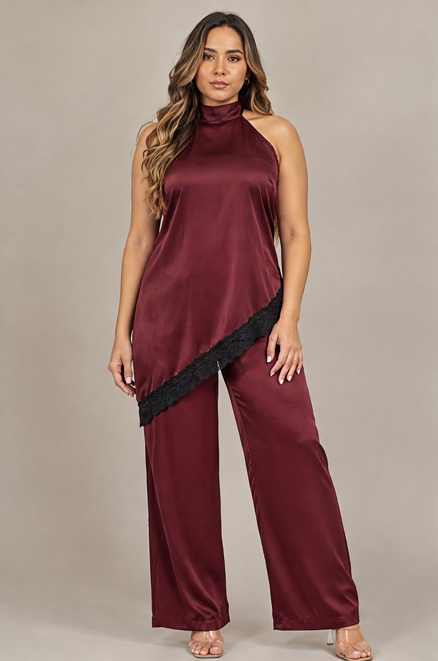 PH4137 Conjunto satinado halter con encaje Vino 01 - frente