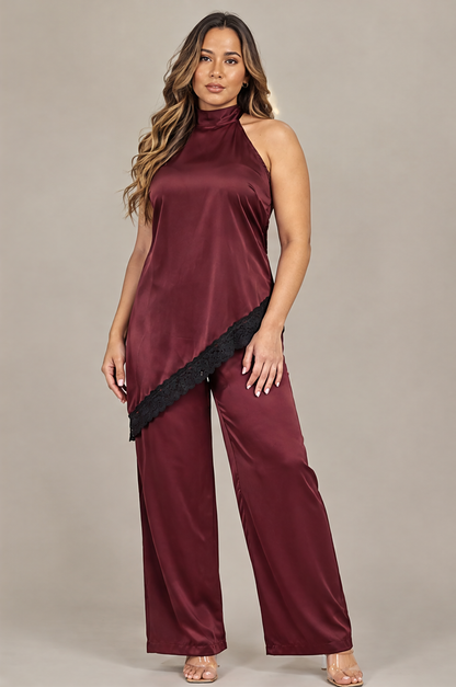 PH4137 Conjunto satinado halter con encaje Vino 04 - frente 3/4
