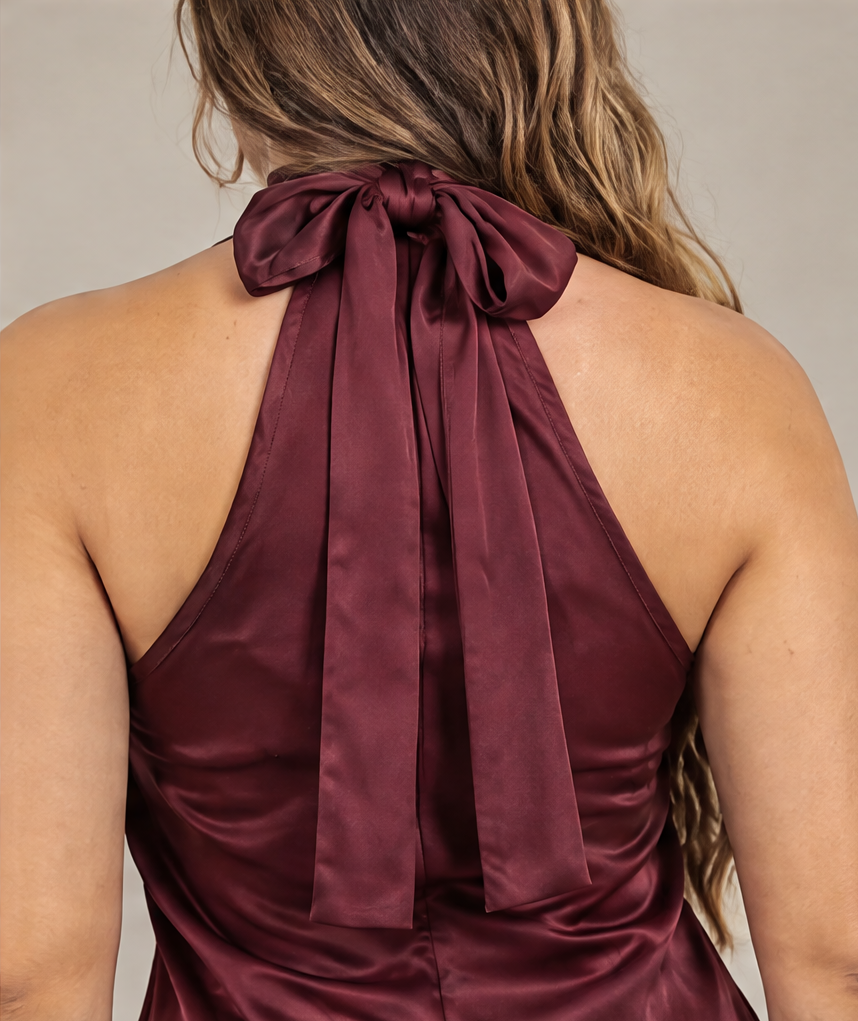 PH4137 Conjunto satinado halter con encaje Vino 08 - lazo halter