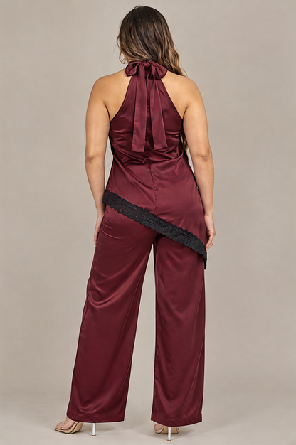 PH4137 Conjunto satinado halter con encaje Vino 02 - espalda