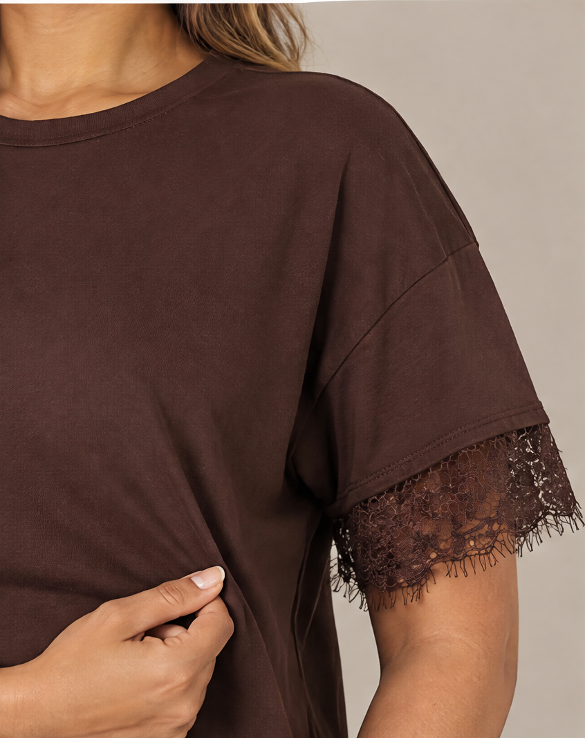 SP1722 Blusa con puños de encaje Café 05 - tela