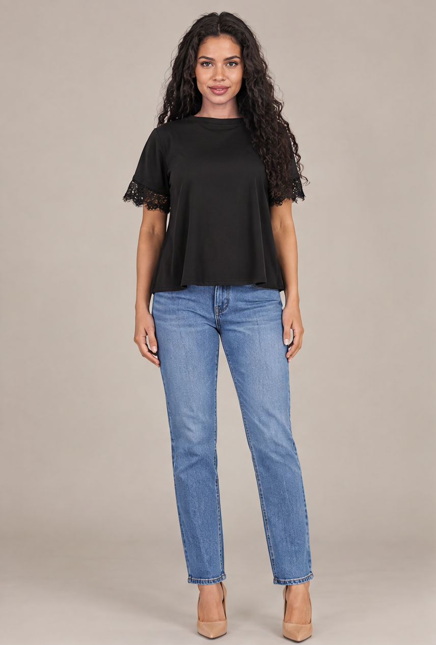 SP1722 Blusa con puños de encaje Negro 01 - frente