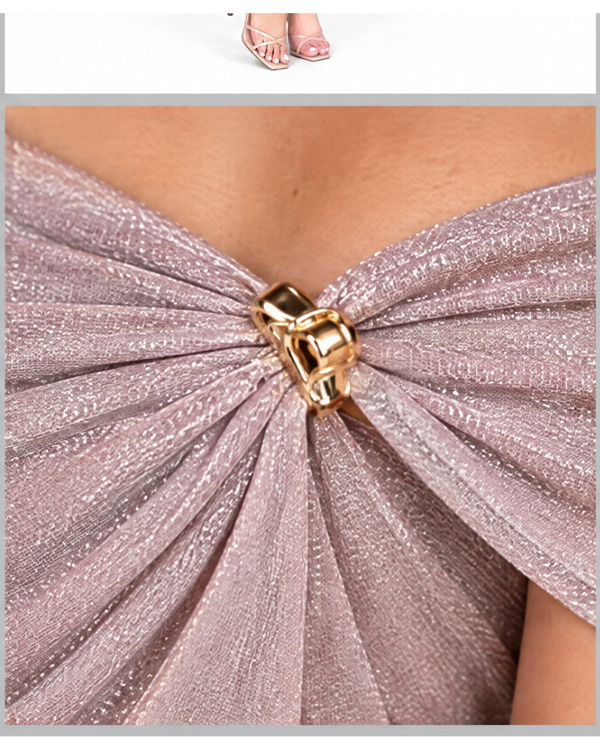 Blusa off-shoulder de brillo con broche